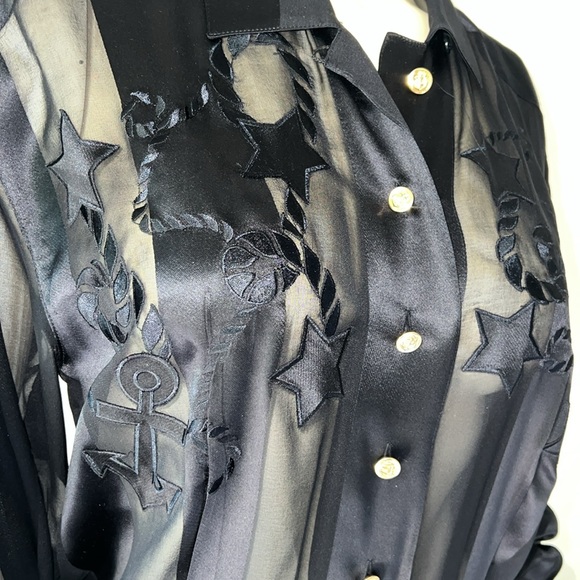 Vintage ESCADA Black Sheer Nautical Star/ Anchor Long Sleeve Blouse. Size 8. - Picture 2 of 8
